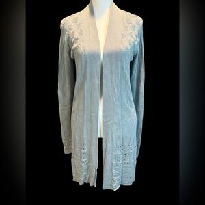 Soft Blue Textured Pointelle Open Front Cardigan - Size Small
